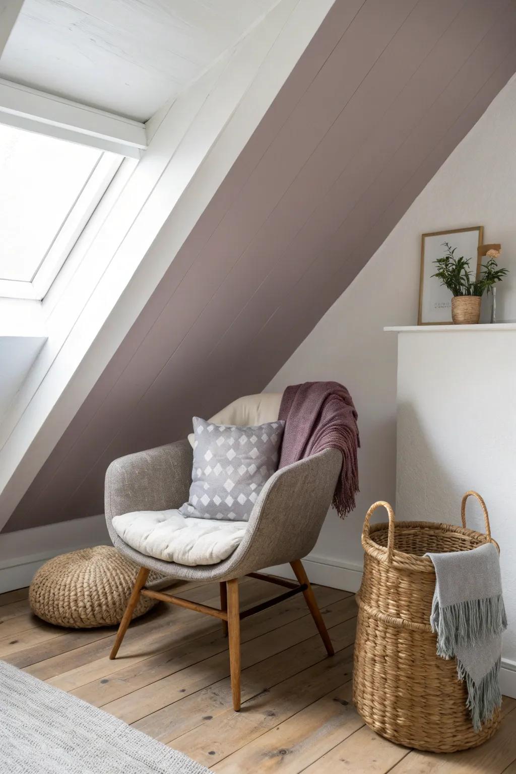 A moody painted slope turns an attic corner into a sculptural, cozy accent nook.