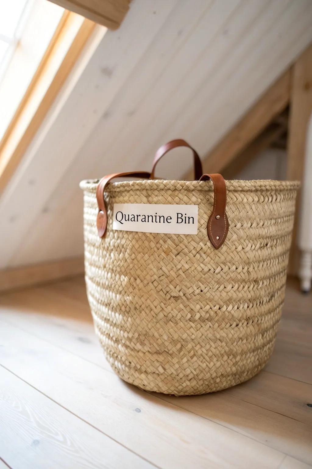 One pretty “decide later” quarantine bin—keeps attic organizing calm and clutter-free.