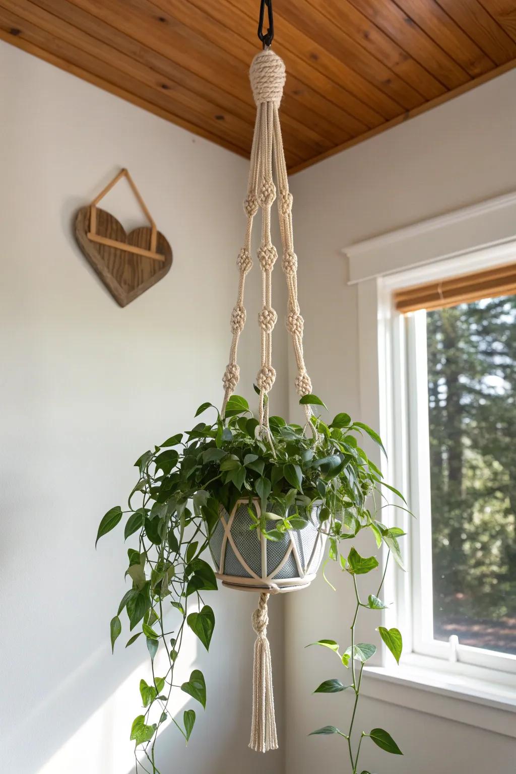 Turn a dead corner into vertical drama with one chic hanging planter—tiny jungle, zero clutter.