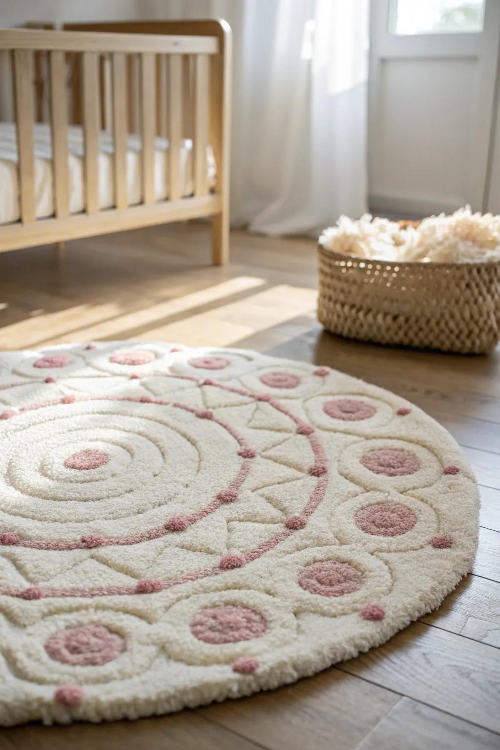 One plush rug defines the crib-and-chair zone—cozy, calm, and clutter-free in a small nursery.