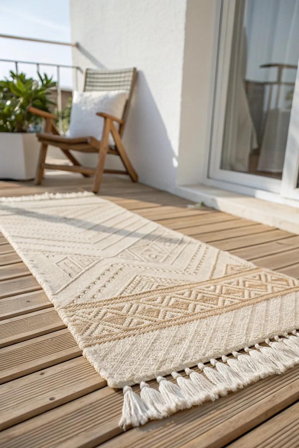 A textured outdoor rug anchors balcony seating, making even a tiny space feel like a room.