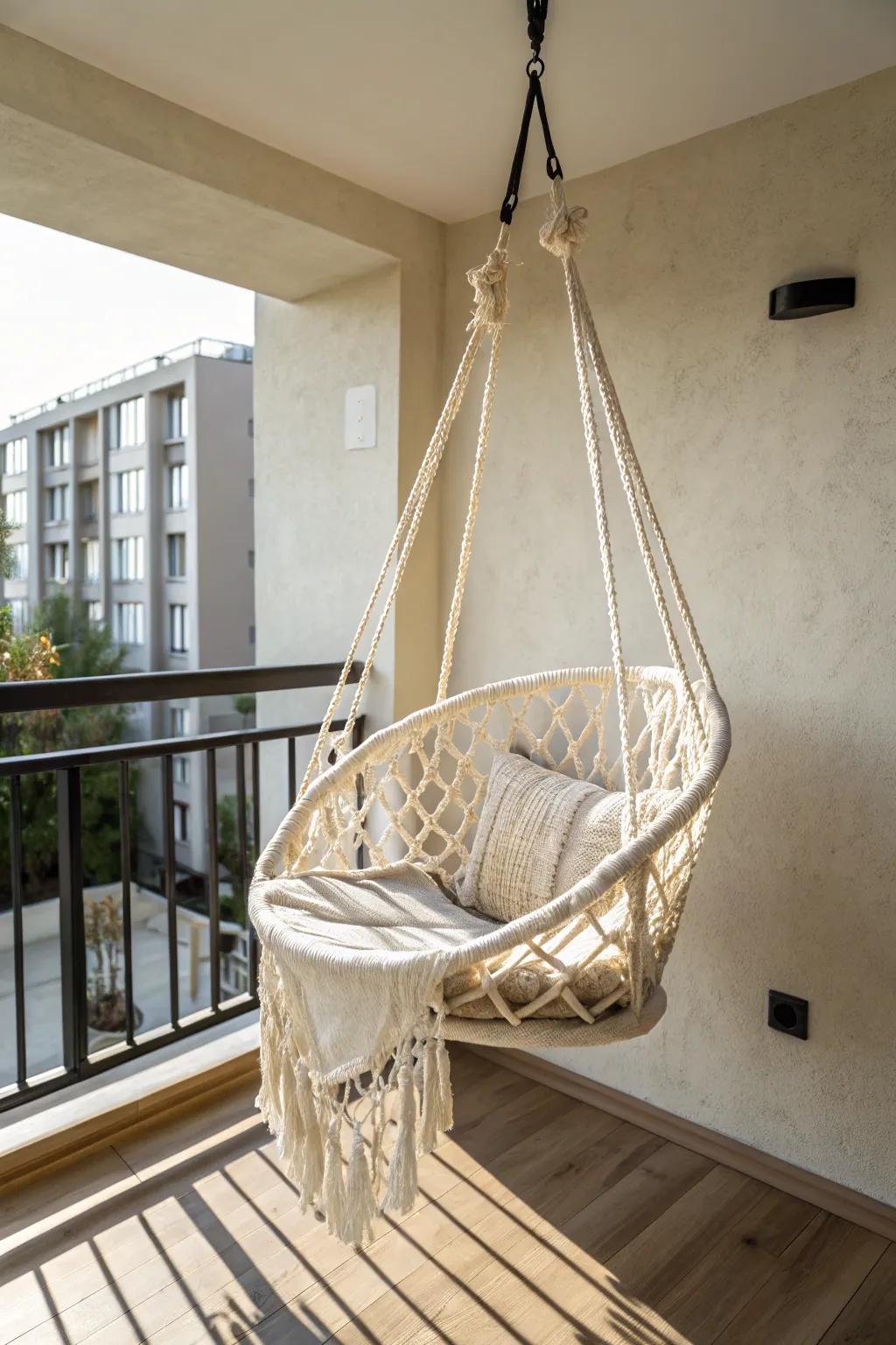 One macramé hanging chair turns a tiny balcony into a dramatic, cozy focal point.