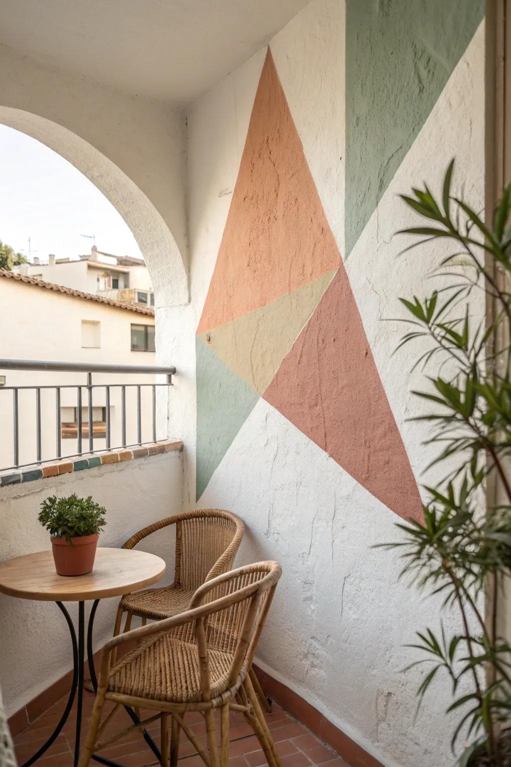 Geometric color-block shapes turn a tiny balcony wall into custom outdoor art—no decor needed.