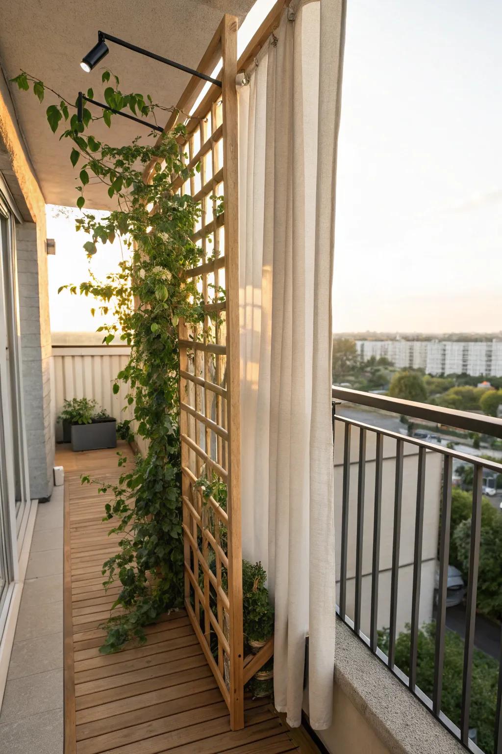 A slim trellis side shade that doubles as a green wall—perfect for tiny balconies.