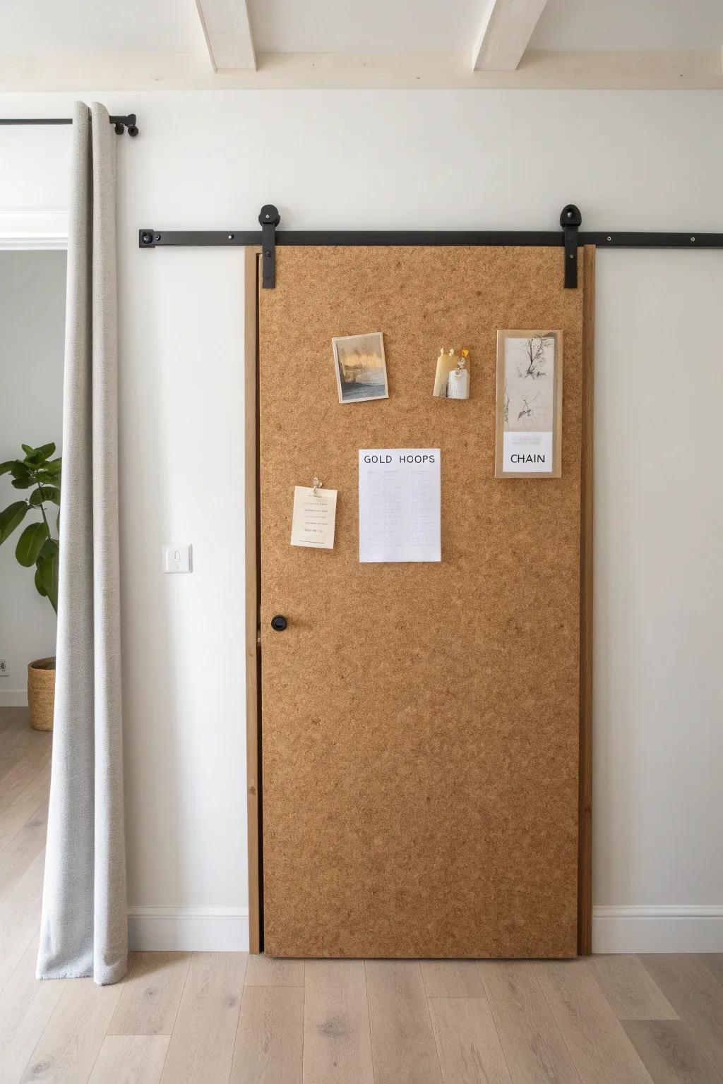 Corkboard barn door closet that keeps jewelry and outfit notes pinned, pretty, and within reach.
