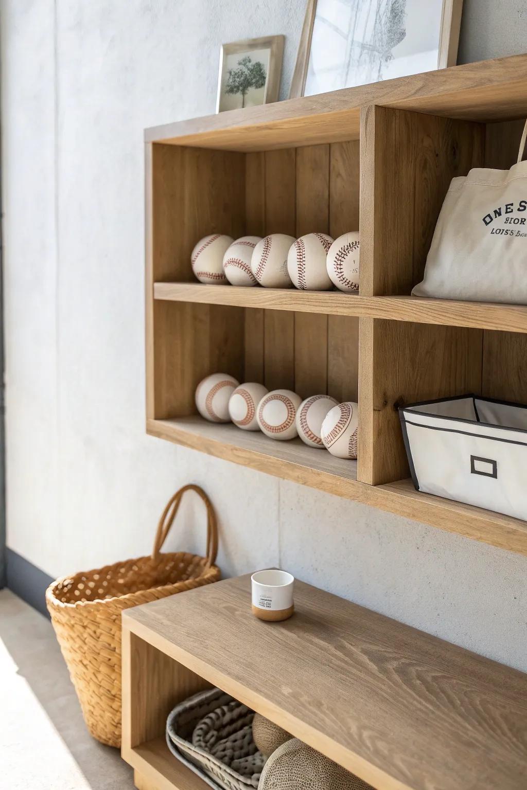 A slim oak shelf displays baseballs up top and tucks everyday gear below—pretty and practical.