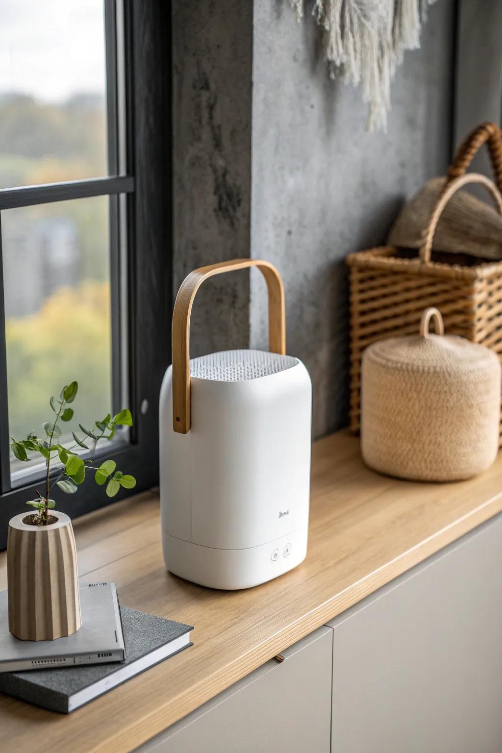 A sleek mini dehumidifier keeps basement closet storage fresh—leave breathing room for airflow.