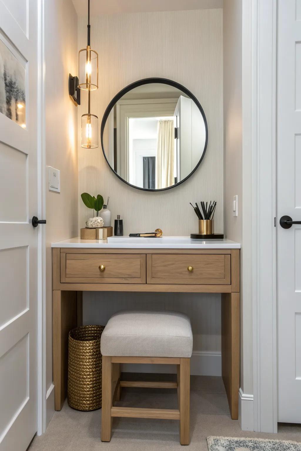 Slim oak makeup nook that keeps cosmetics contained—boutique vibes in a tiny bath-closet combo.