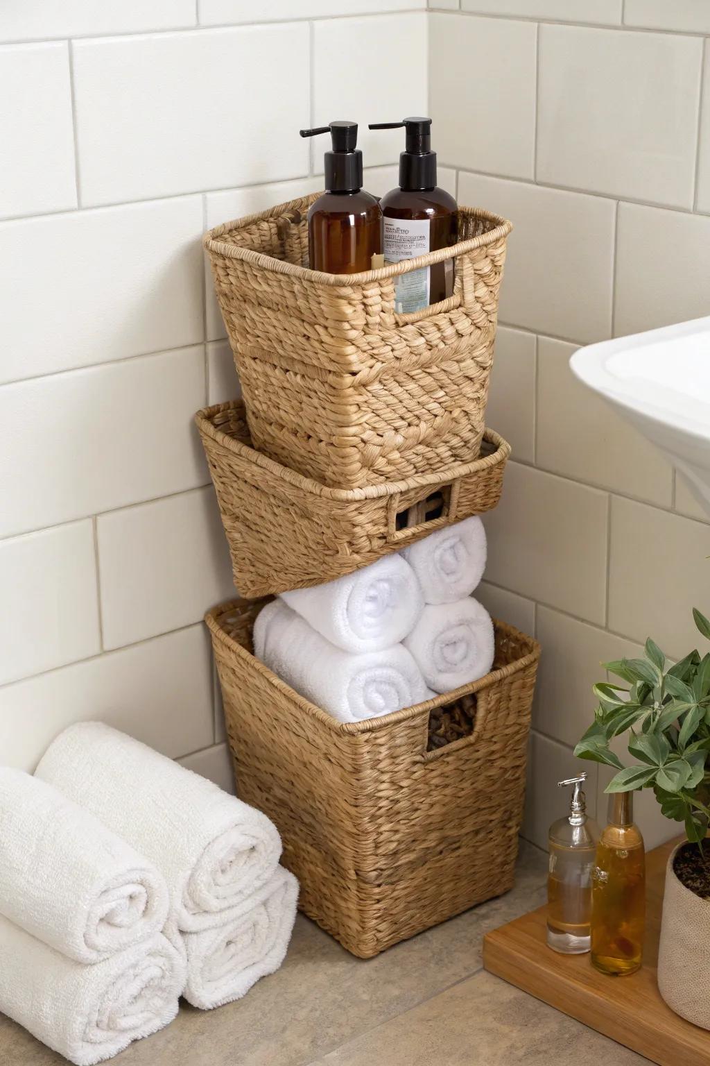 Small-bathroom win: a chic corner stack of nested baskets for towels, refills, and extras.