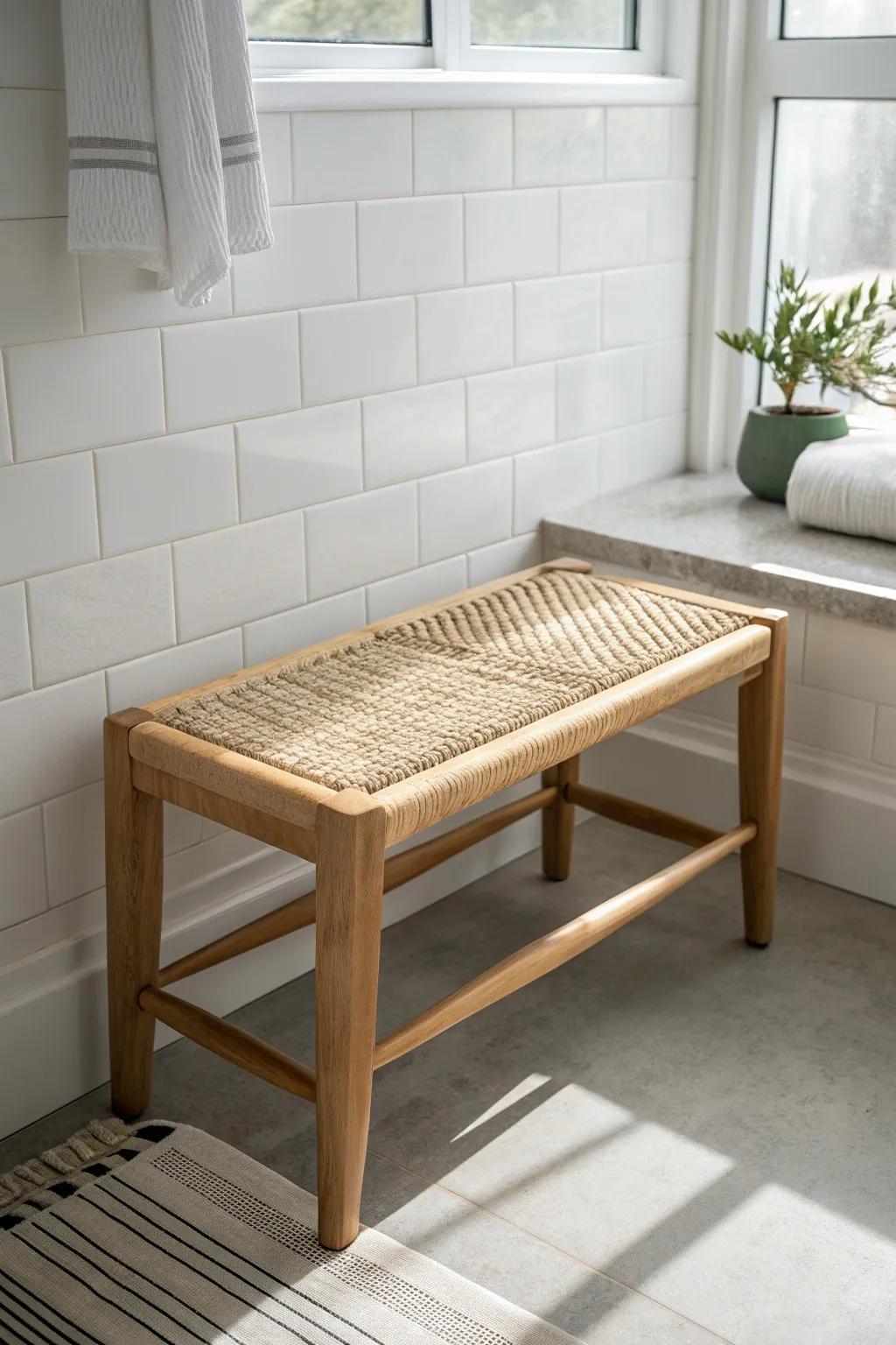 Light oak cane bench: the soft, airy texture that warms up tile-and-glass bathrooms.