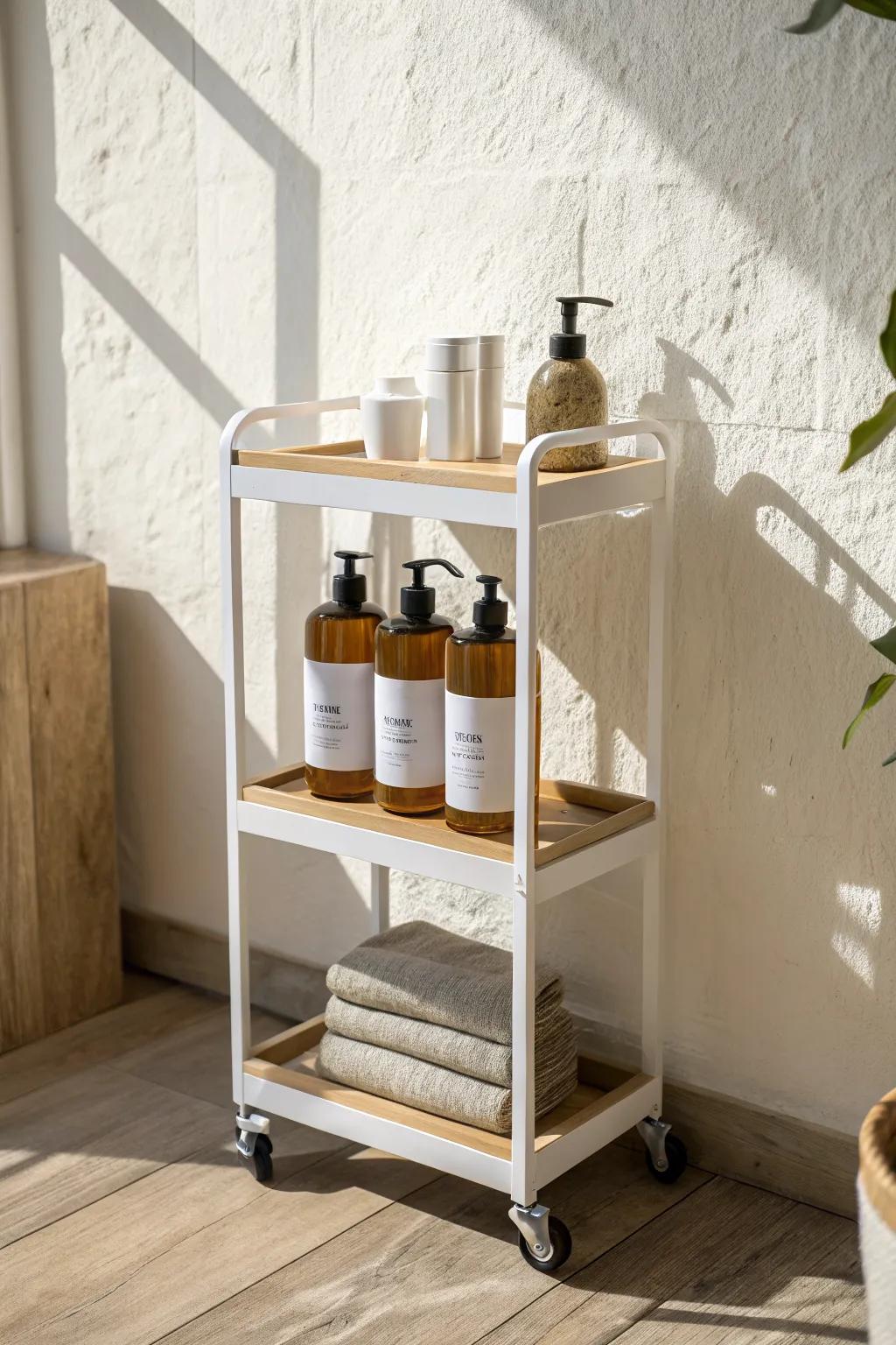 A sleek refill-station cart that hides bulky bottles and keeps your bathroom counter calm.