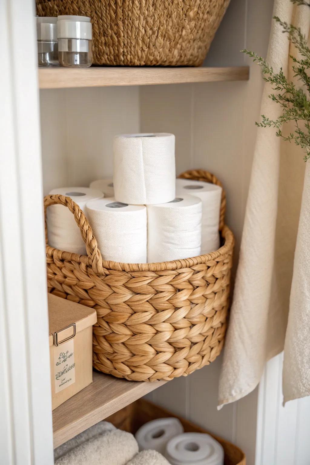 A boutique-style toilet paper shelf: neatly stacked rolls in a woven basket for a polished look.