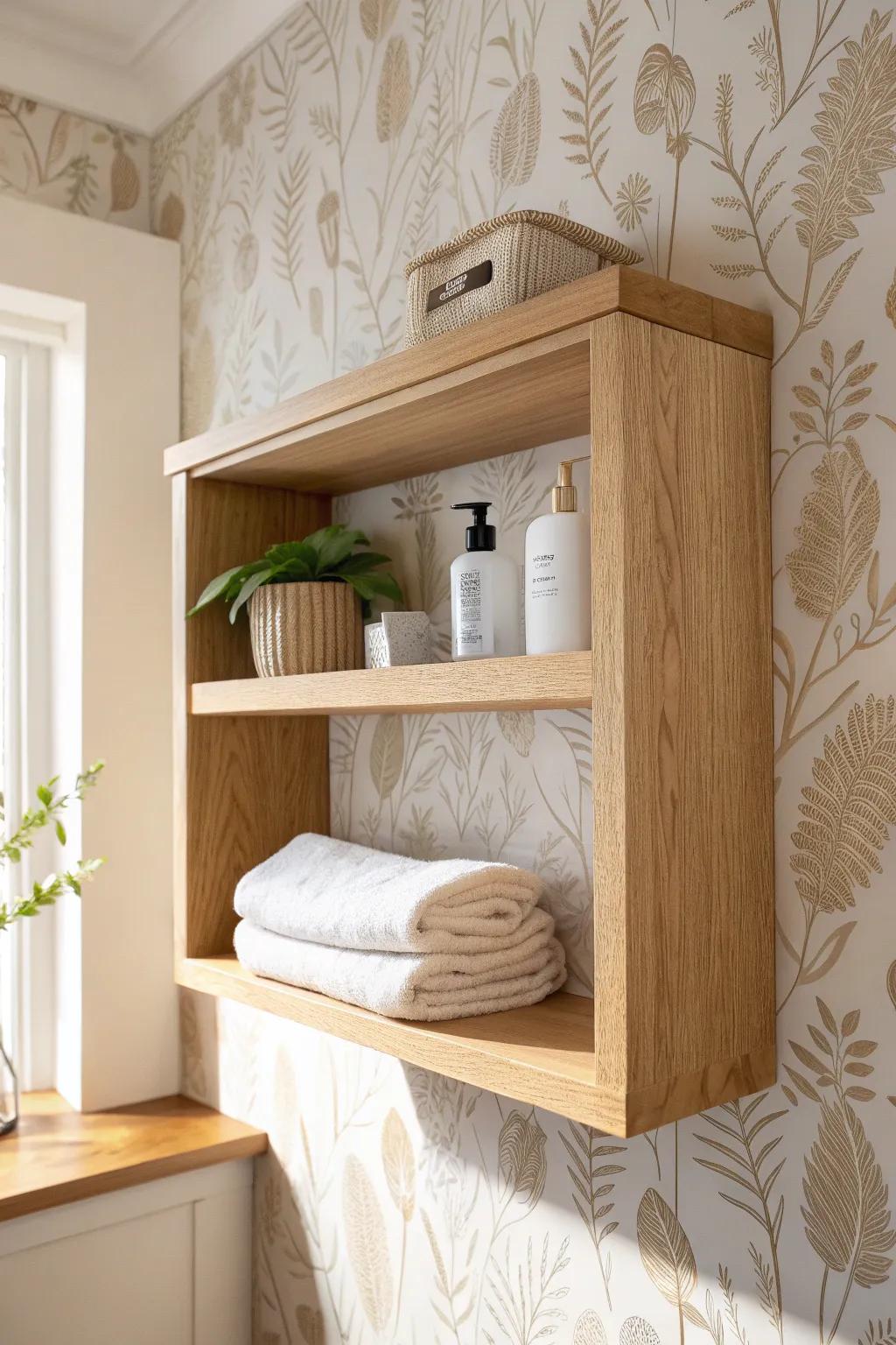 Wallpapered shelf backs make bathroom closet shelving feel styled—fast, simple, beautiful.