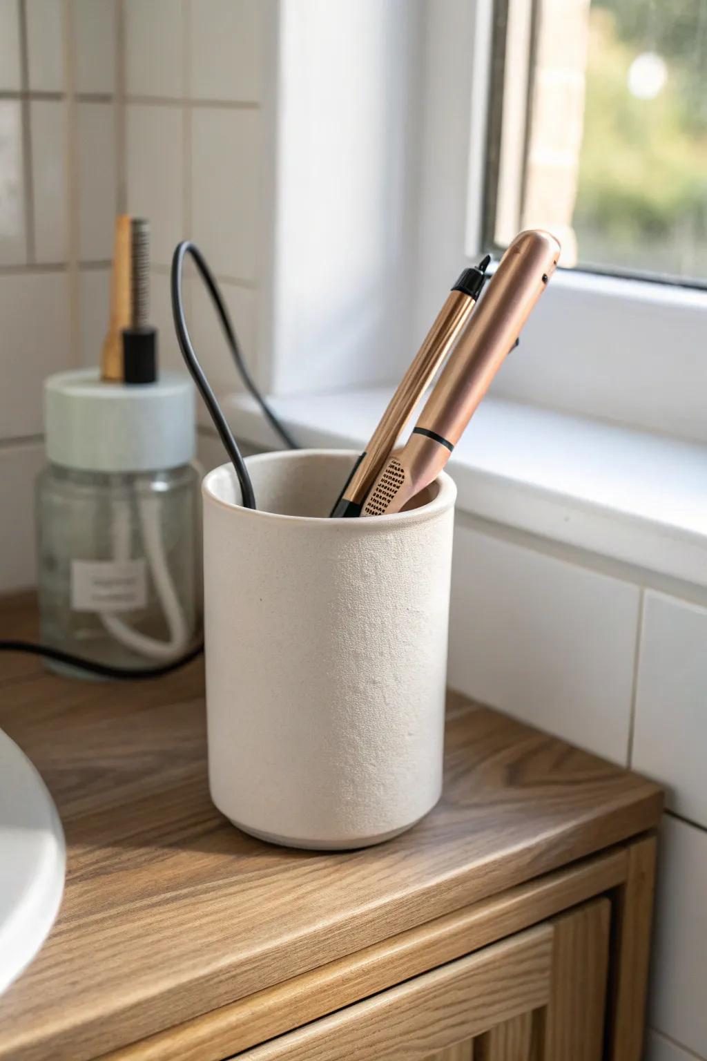 Tame hot-tool cords fast: a heat-safe bin keeps your vanity clean and scorch-free.