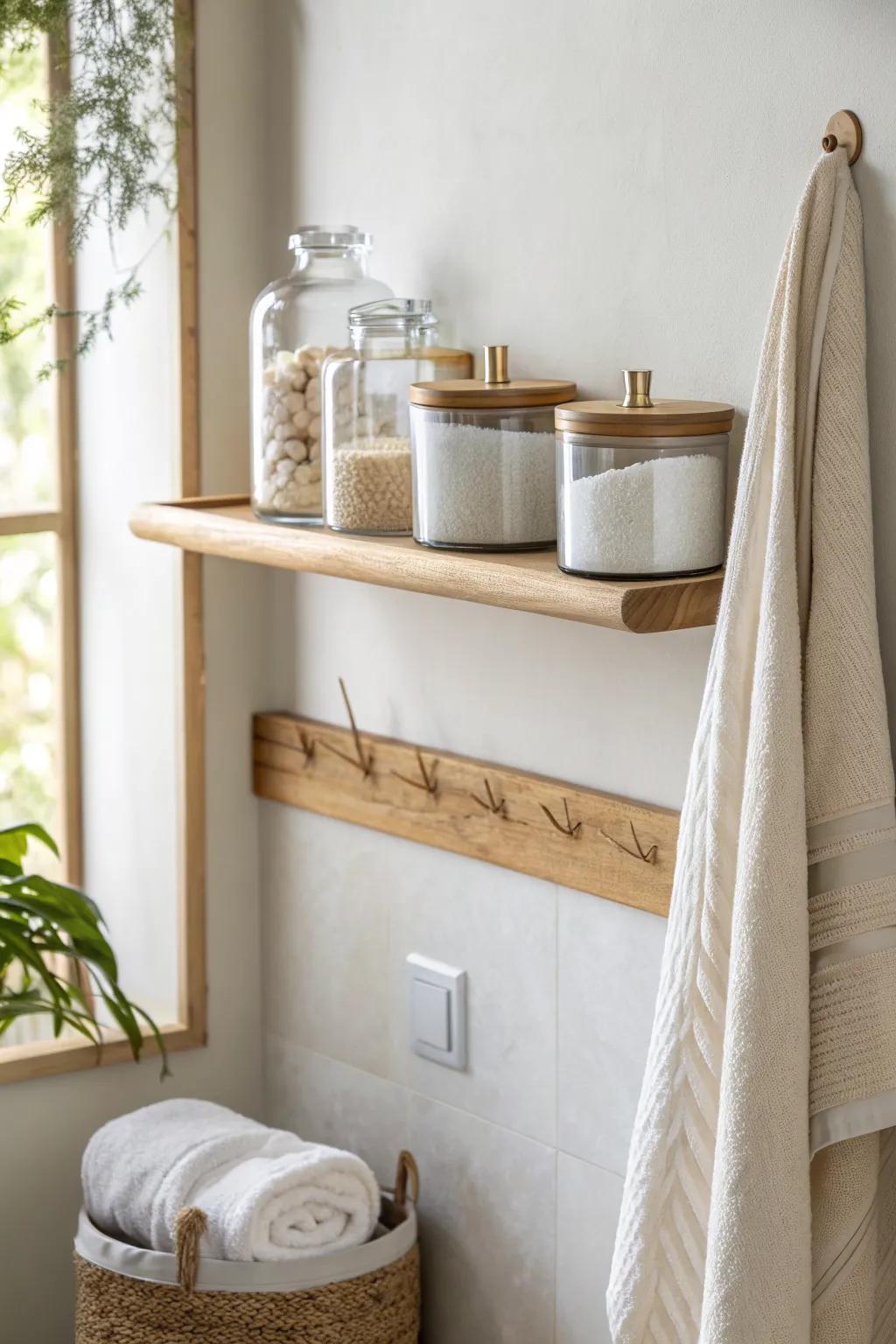 A floating shelf with hooks adds instant storage—jars above, towel and robe below.