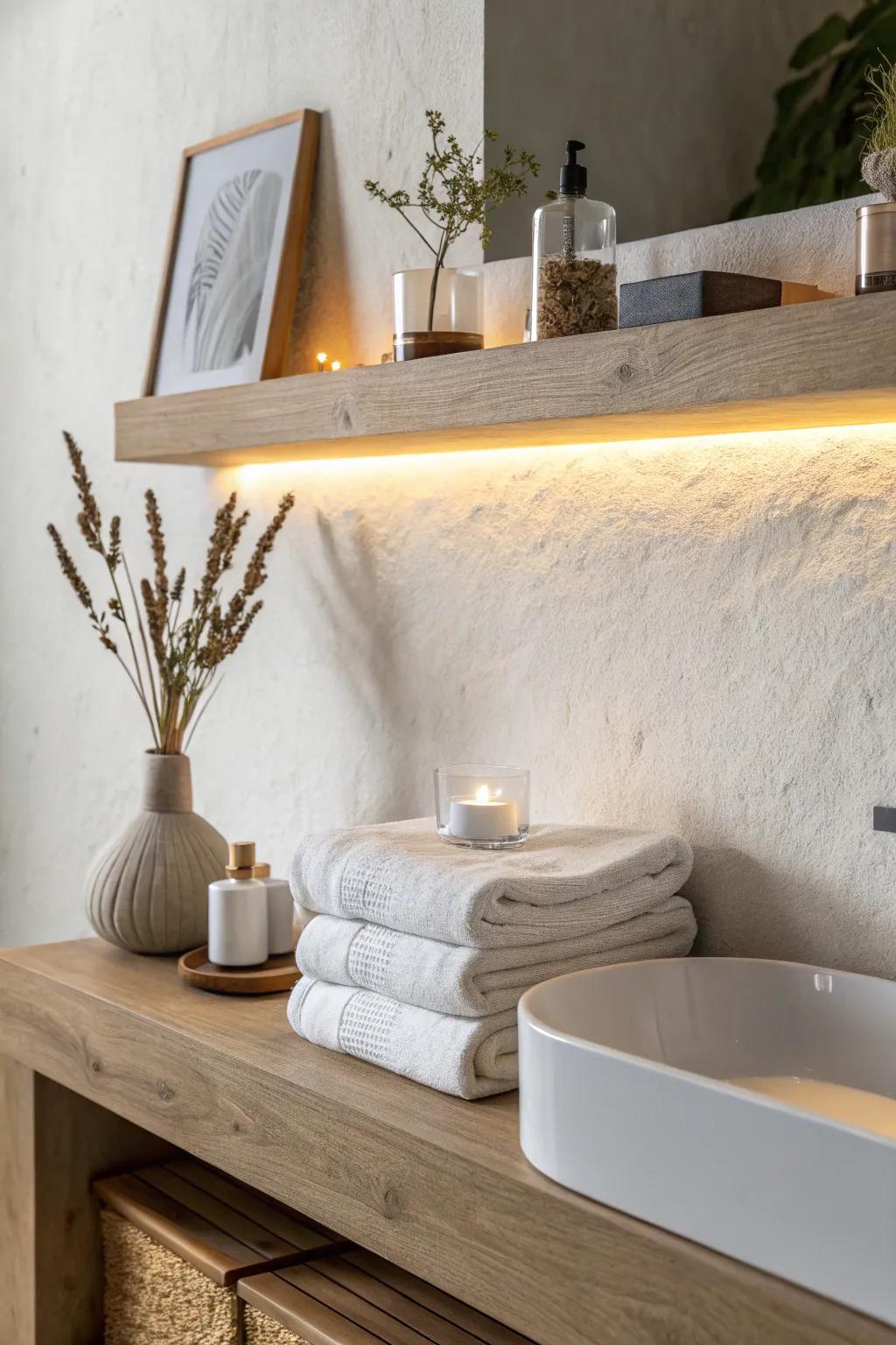 Warm underlit floating shelf for instant spa vibes—minimal, cozy, and perfect for small bathrooms.