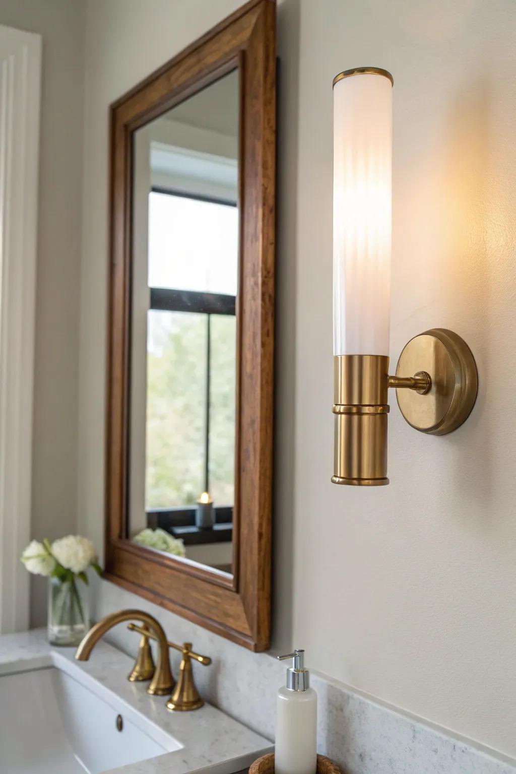 Slim vertical sconce beside a tall mirror gives even, flattering light in a tiny bathroom.