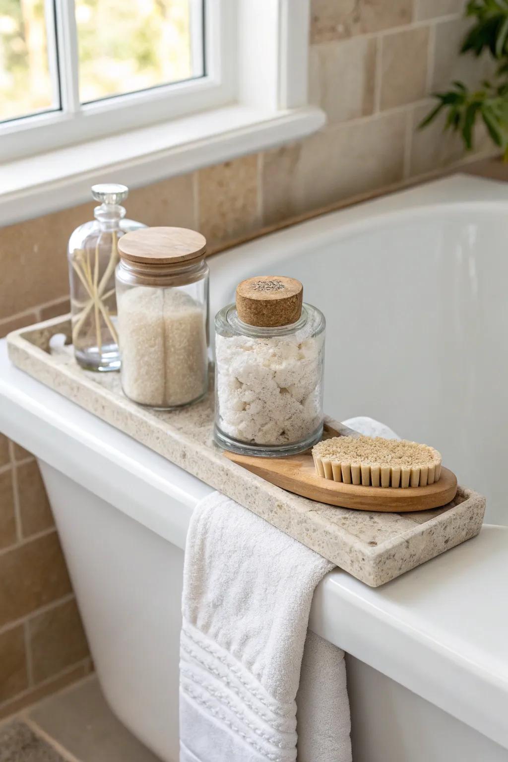 A curated tubside nook—salts, brush, and linen—turns your bath into a calm ritual.