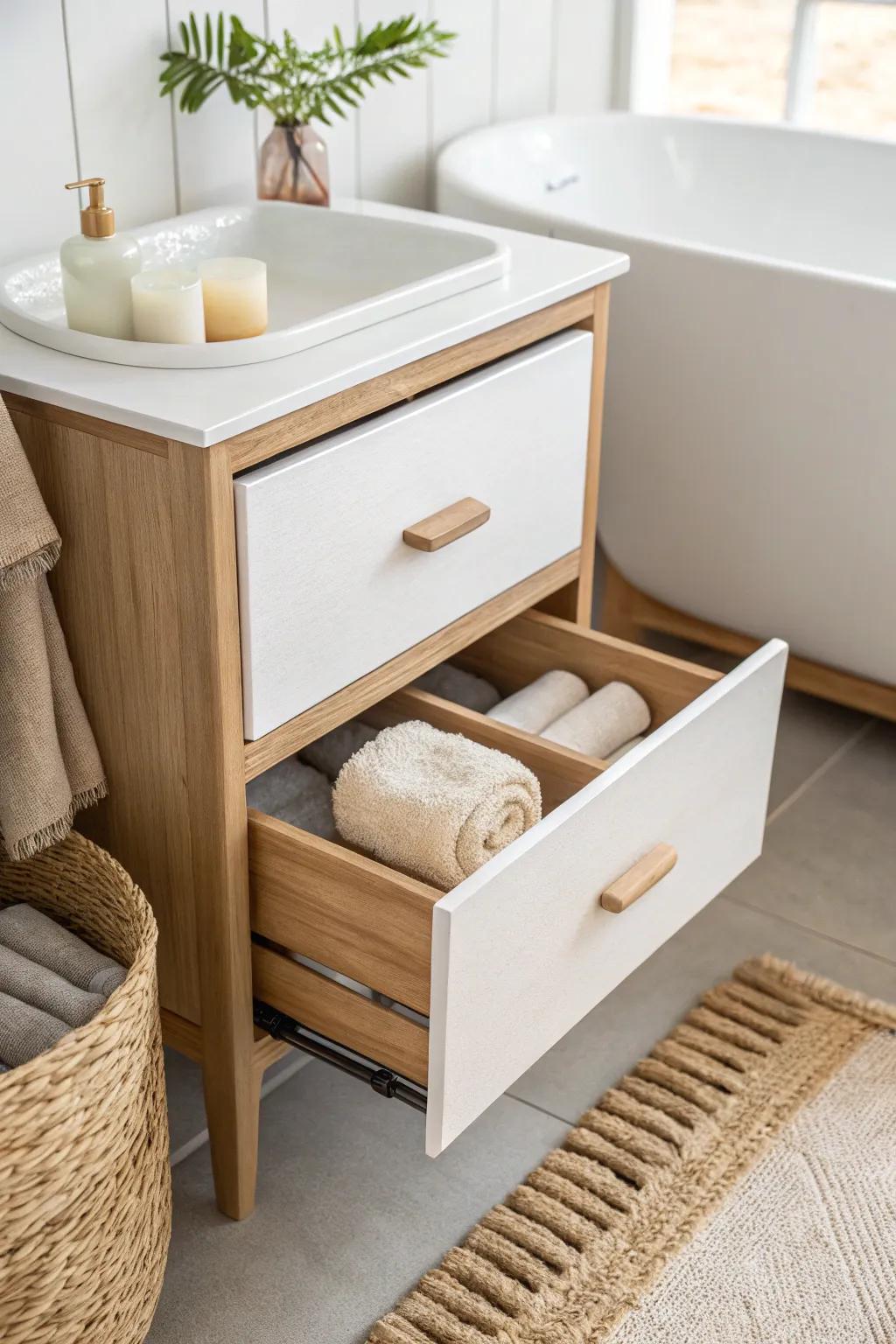 A hidden toe-kick drawer pantry cabinet—perfect for stashing bathroom backups in style.