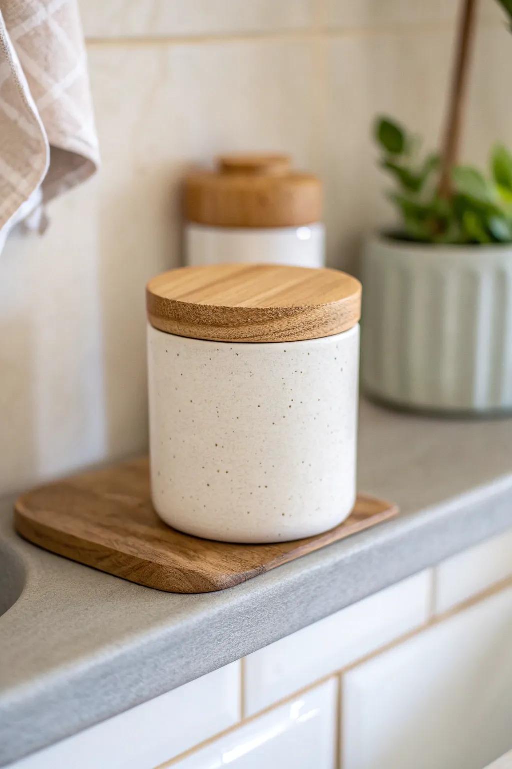 A minimalist lidded canister hides hair ties and clips, keeping your bathroom shelf serene.