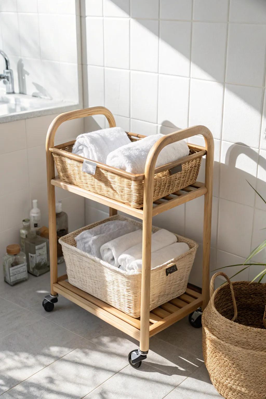 A rolling cart basket keeps fresh towels beautifully organized—and easy to move in small bathrooms.