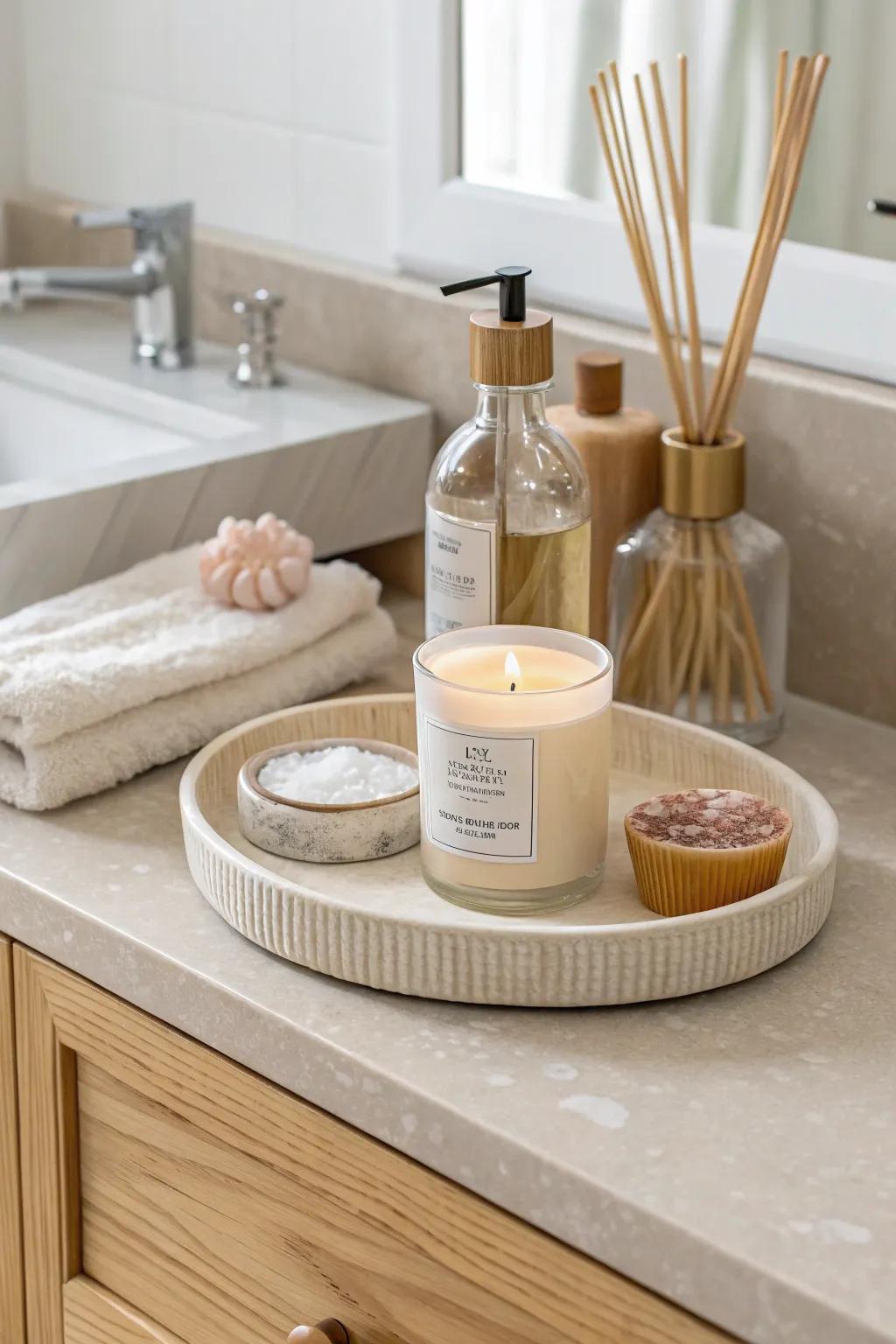 Scent-layering tray trio: candle, diffuser bottle, and blush salts for calm nightly rituals.