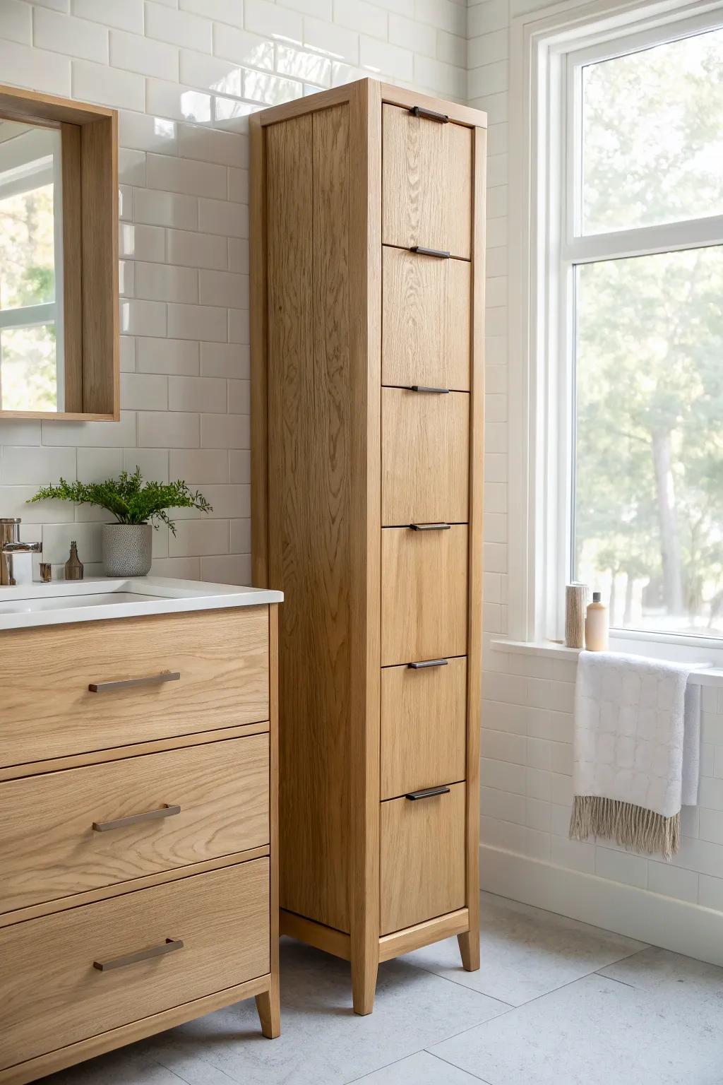 A backsplash-notched vanity tower that hugs the tile perfectly—no gaps, no grime.