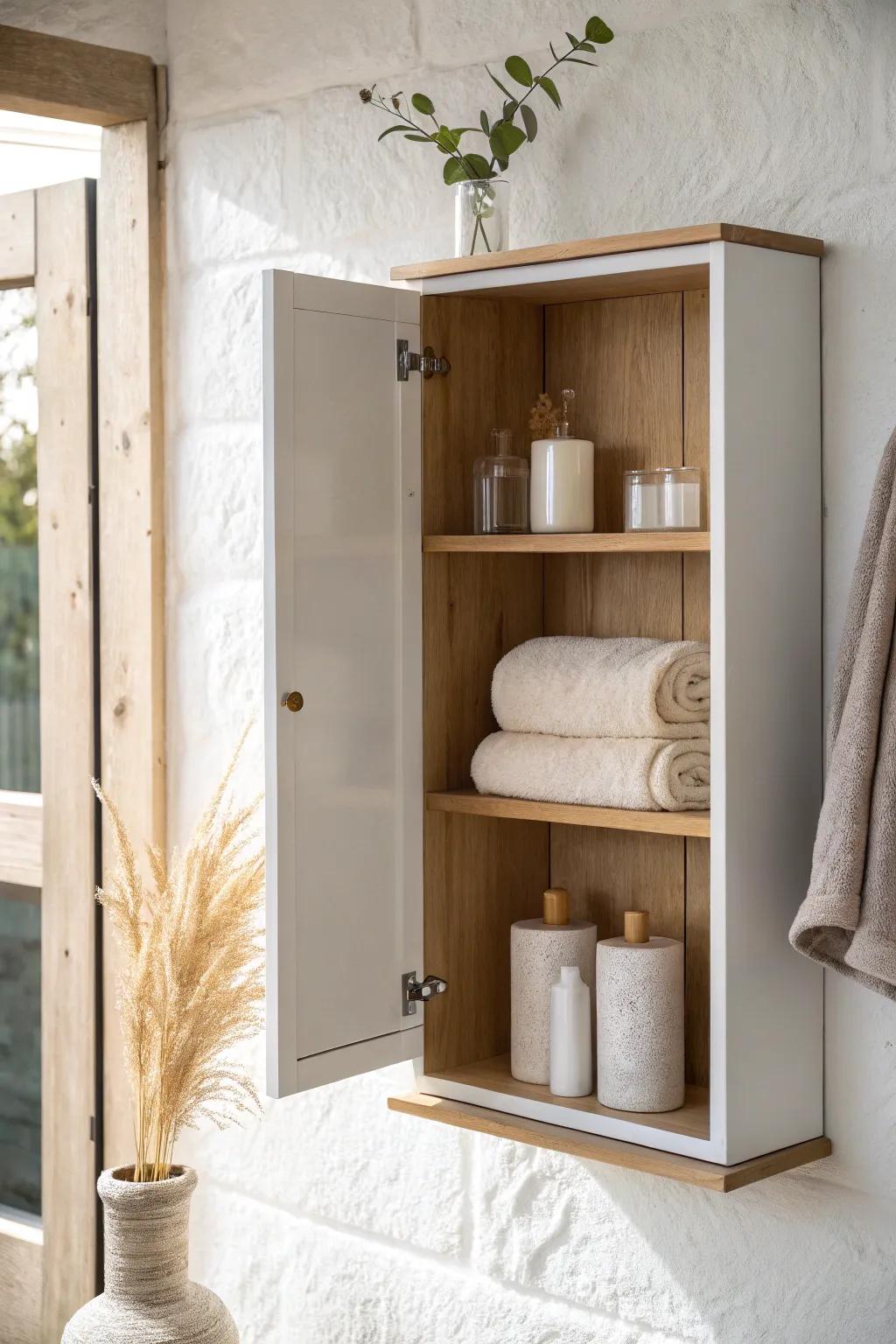 Open shelves for pretty towels, closed doors for backups—cute styling that hides the chaos.