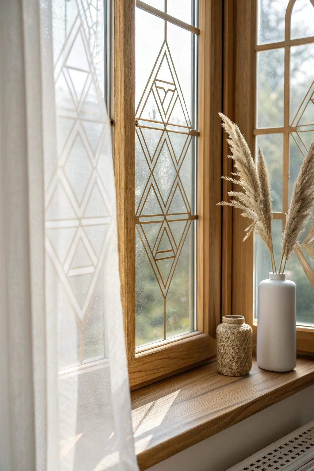 DIY geometric cling film adds chic bay-window privacy while keeping the light soft and bright.