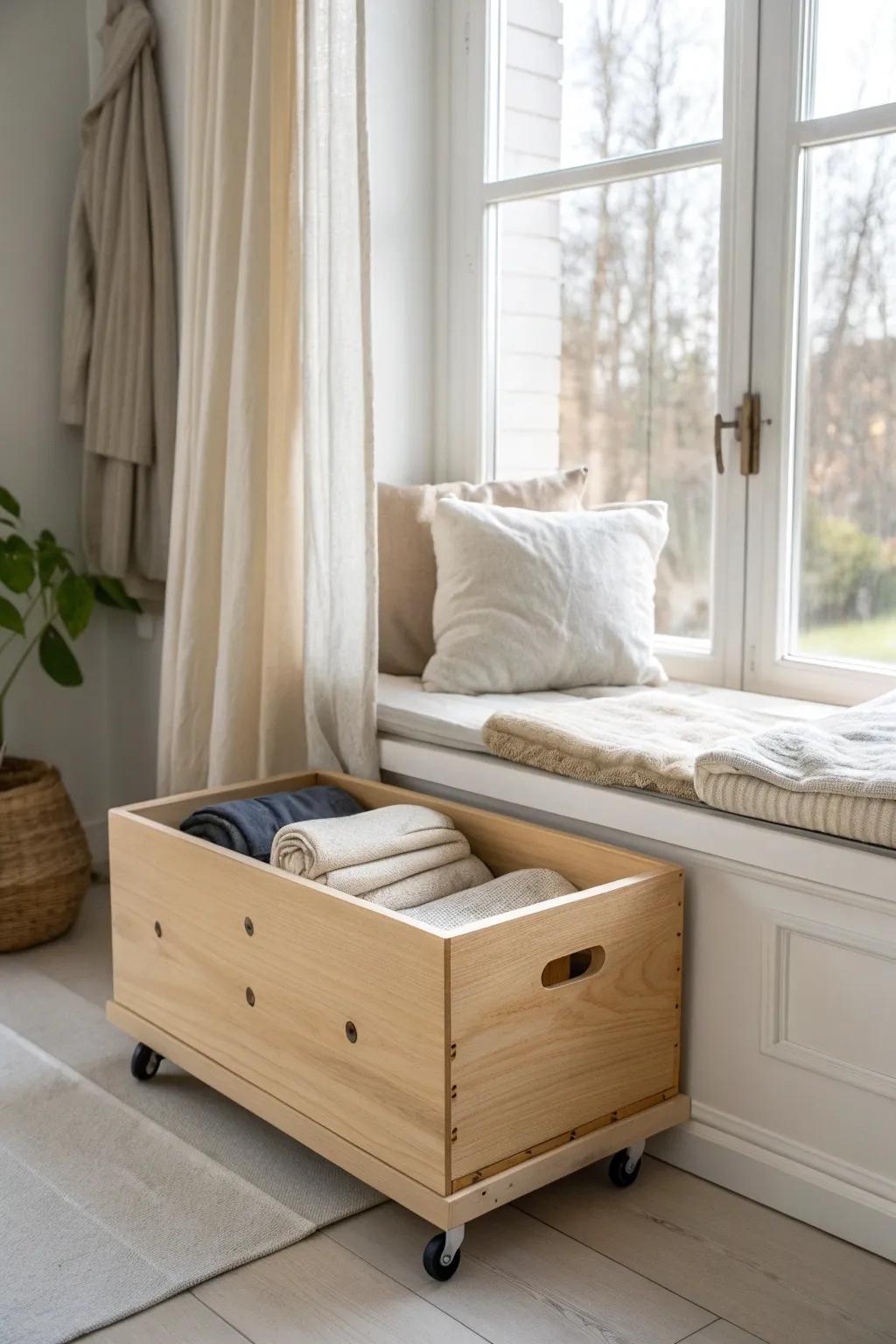 Roll-out crate storage under a bay window bench—renter-friendly, flexible, and easy to clean.