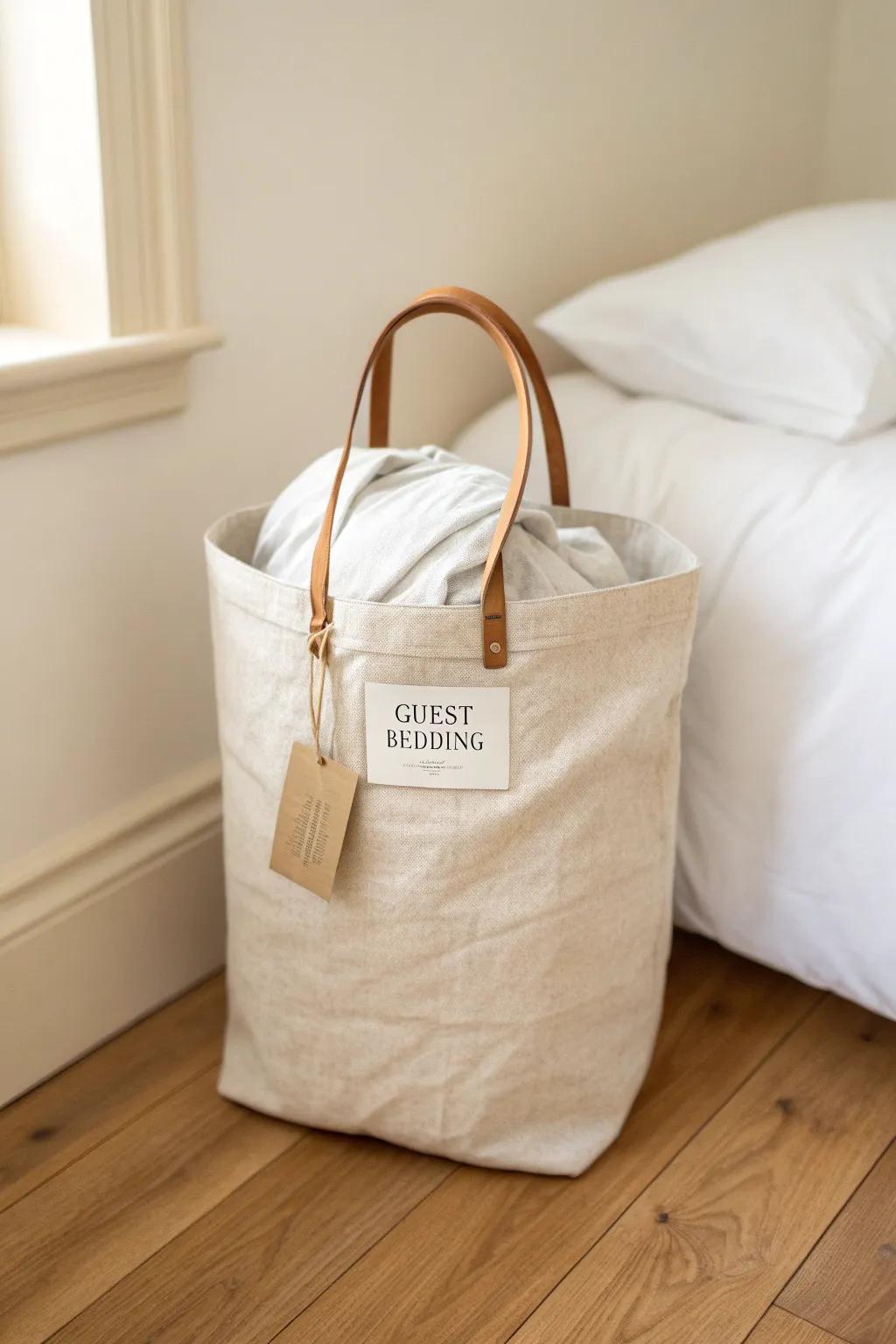 One-grab guest bedding: sheets, pillowcases, and a light blanket stored neatly in one tote.