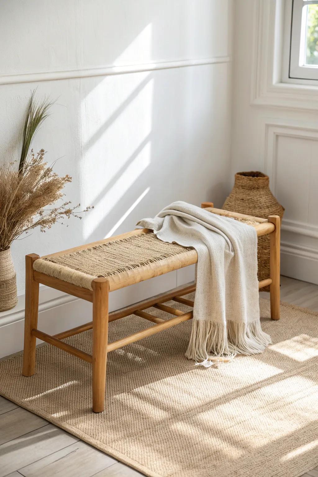A petite bench with woven texture—perfect for small bedrooms and easy to move around.