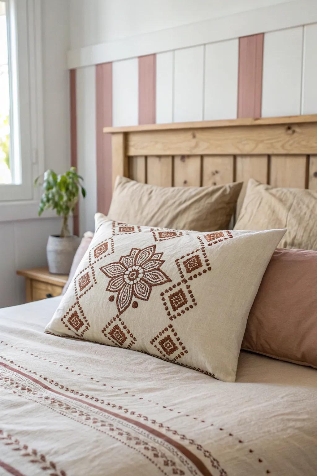 Pink and brown stripes behind the bed create a boutique look—no bulky headboard required.
