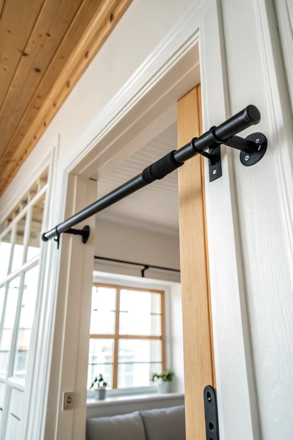A doorway pull-up bar adds real-gym strength training without stealing an inch of floor space.