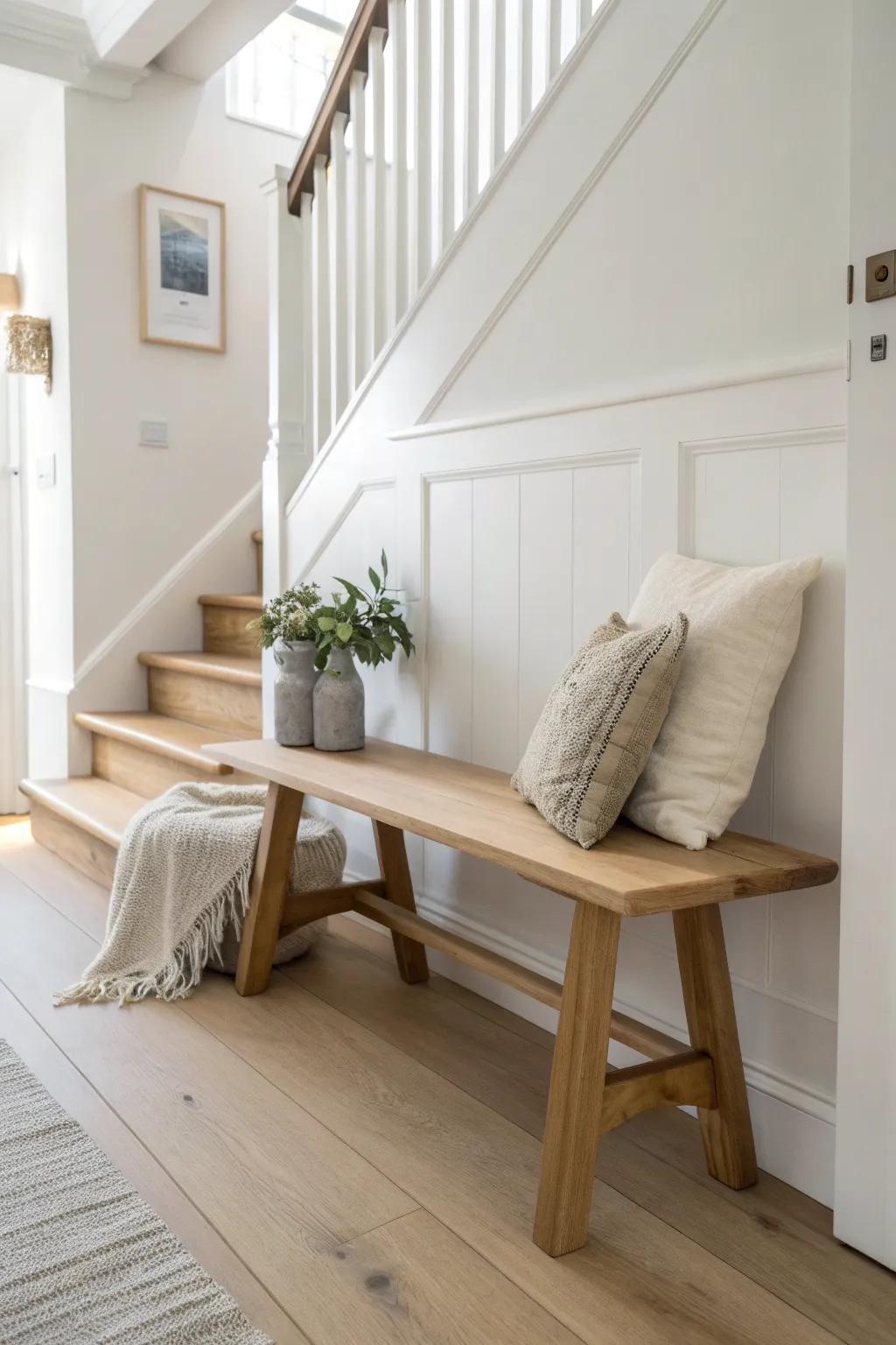 A tiny oak bench at the landing makes a calm spot to slip on socks—minimal and pretty.