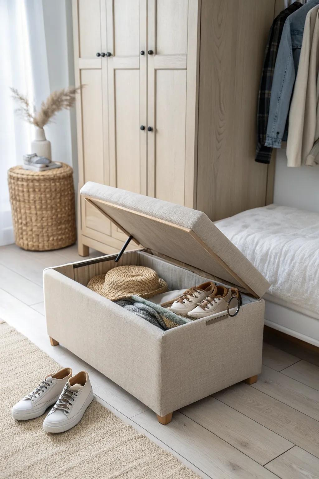 A lidded storage ottoman that hides everyday shoes—stylish, sneaky, and perfect for small bedrooms.