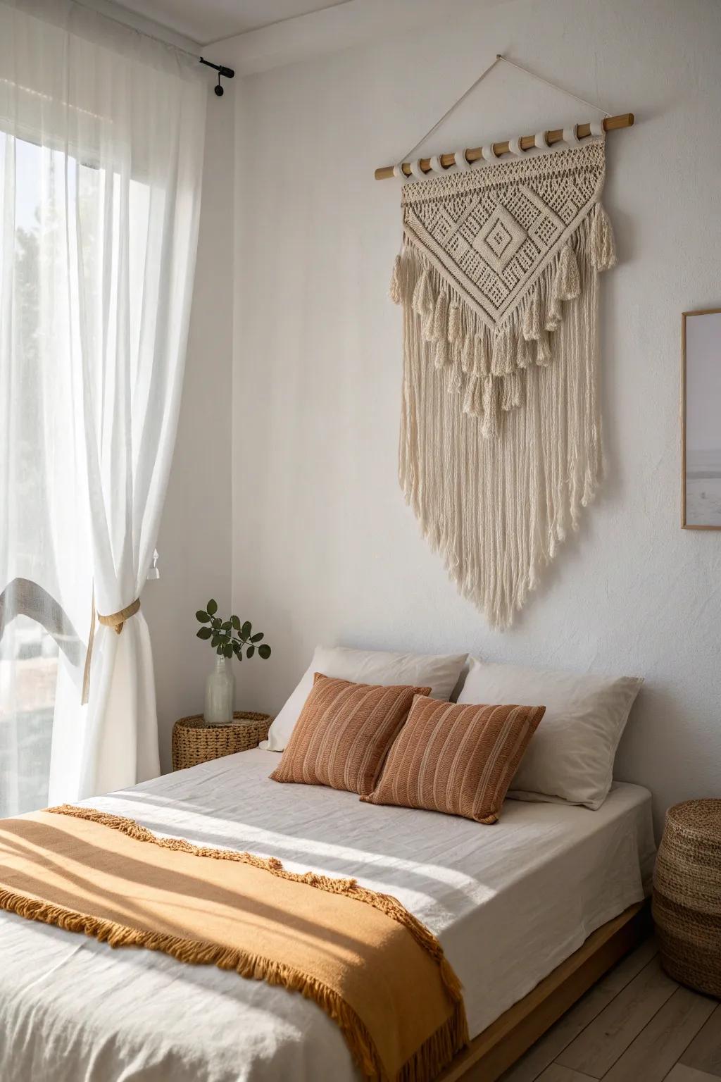 A handcrafted textile wall hanging adds soft texture and warmth without cluttering a small bedroom.