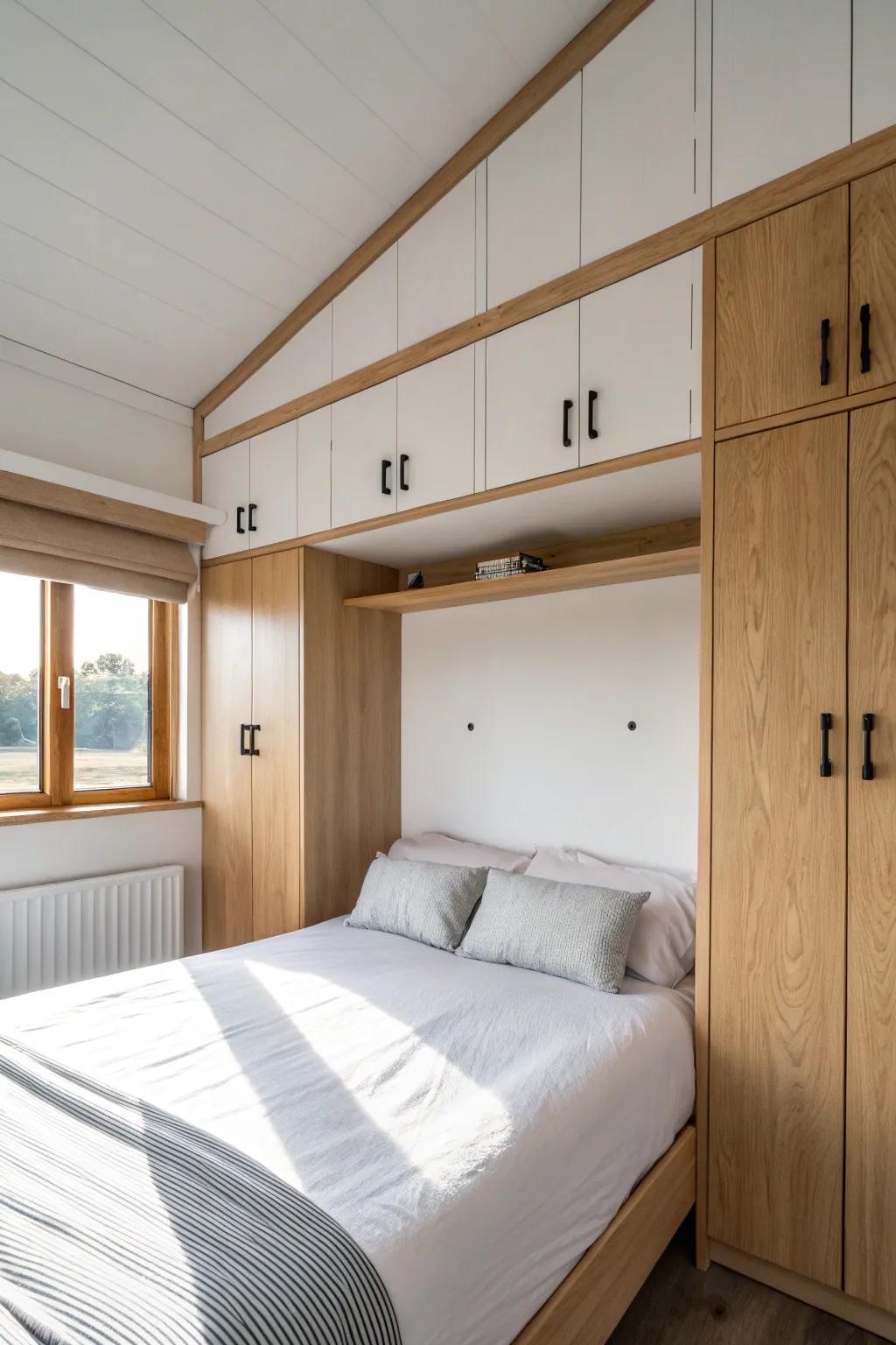 Bridge wardrobe over the bed: airy storage that keeps a tiny bedroom calm and clutter-free.