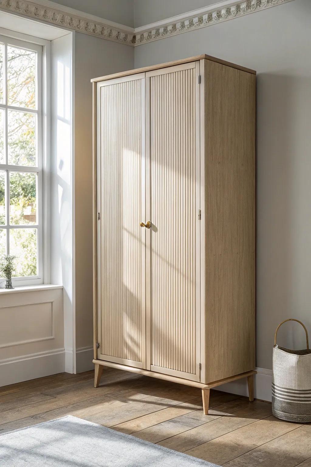 Fluted wardrobe doors add calm, crafted texture—depth without color or extra decor.
