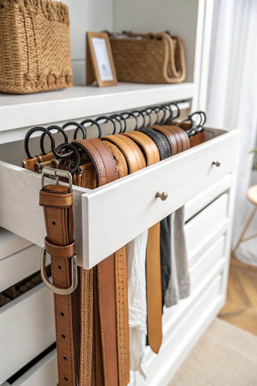 Slide-out belt rack: hidden-but-accessible storage that turns tight closet corners luxe.