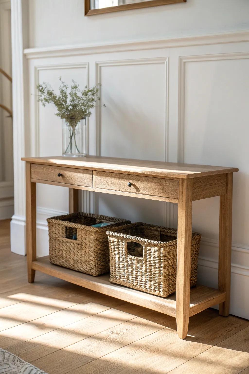 A slim console behind the sofa keeps toys close-by—hidden in beautiful woven bins.