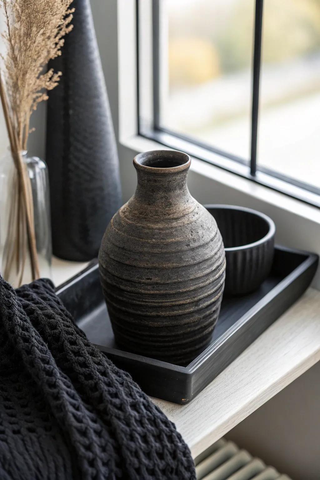 Black-on-black layers: matte vase with ribbed, linen, and knit textures for dramatic depth.