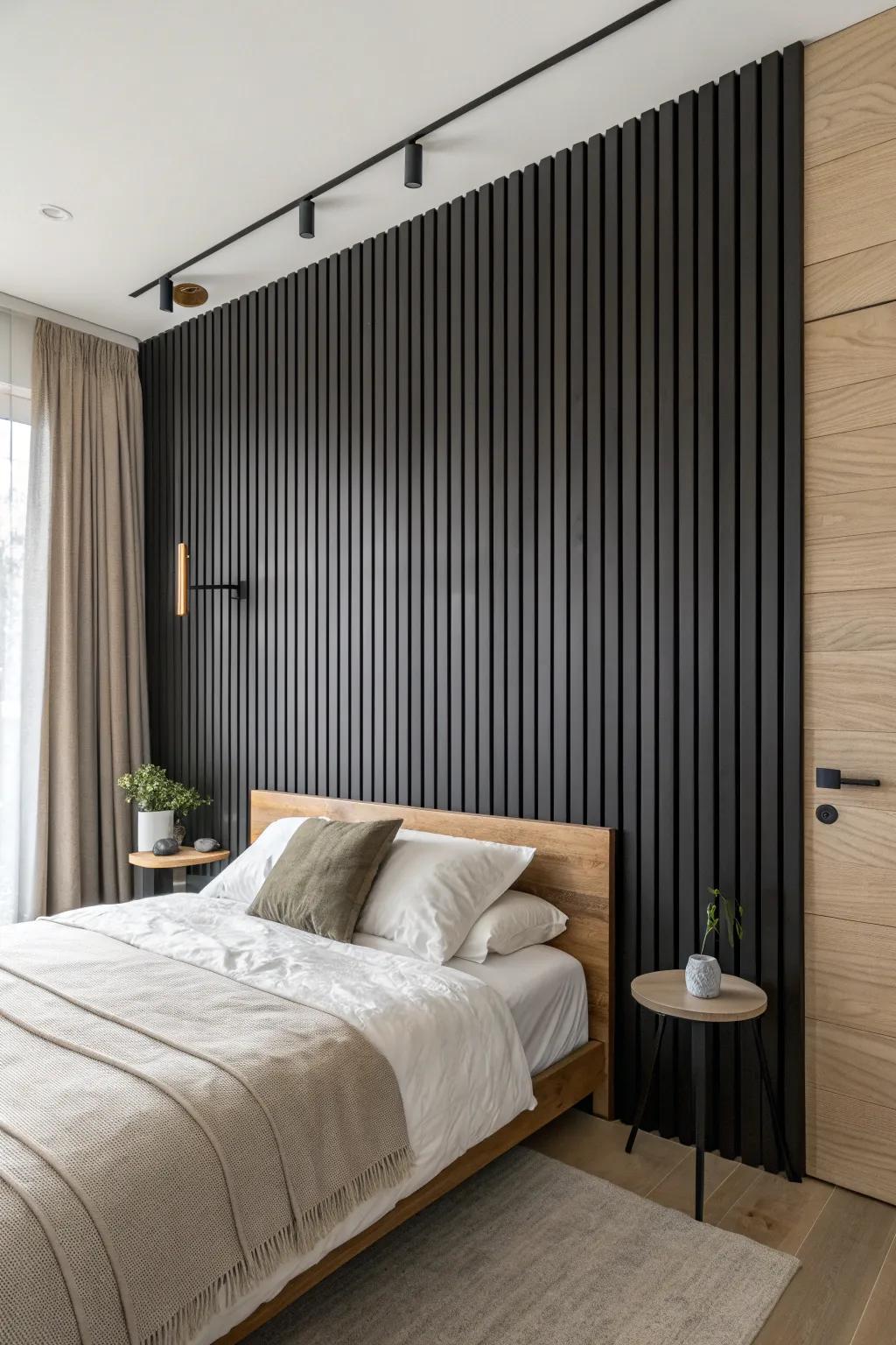 A matte-black slat wall adds depth and a custom feel to the smallest bedroom—no clutter needed.