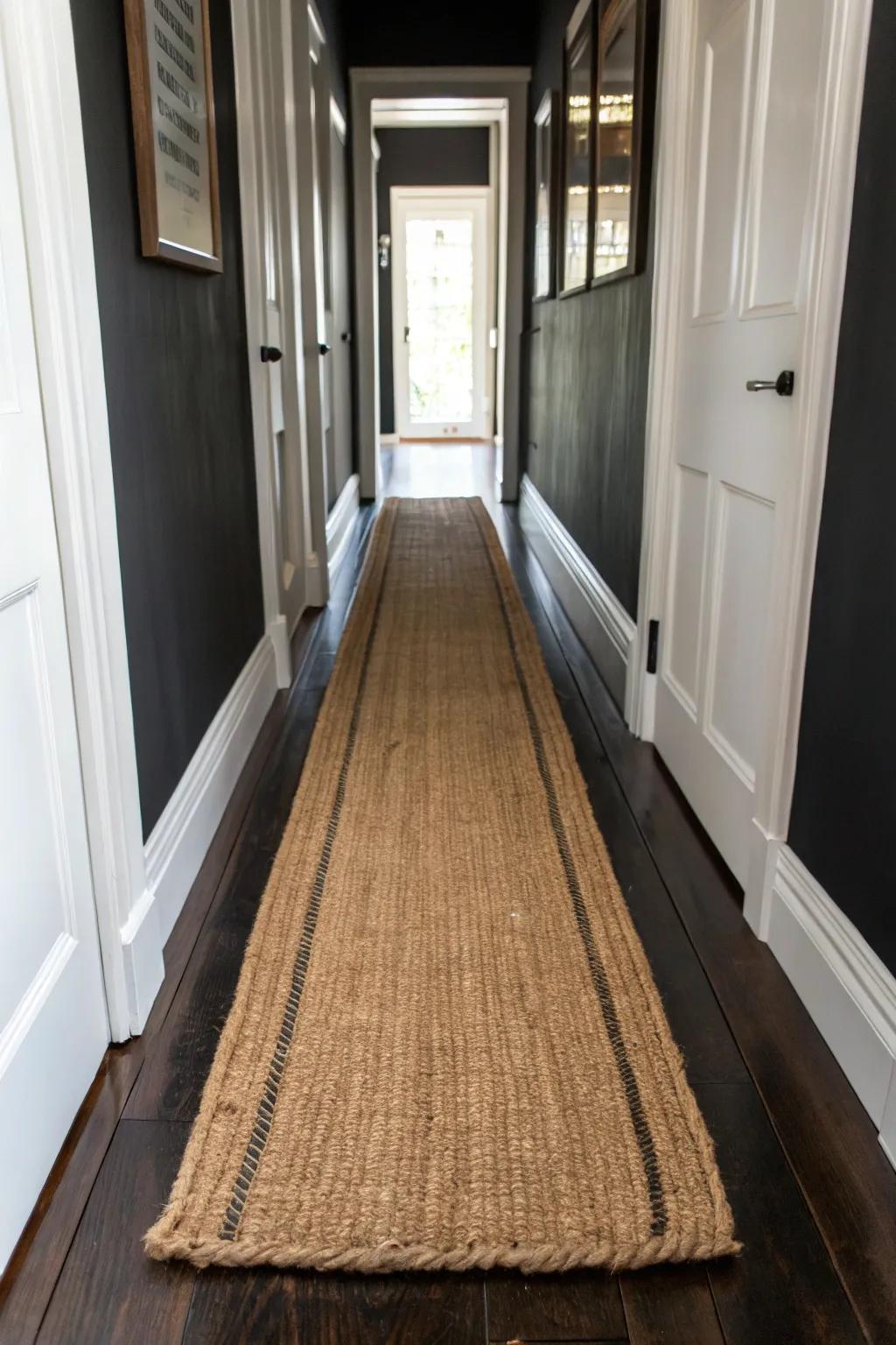 Black-drenched hallway, softened by a handwoven jute runner—texture adds calm contrast.