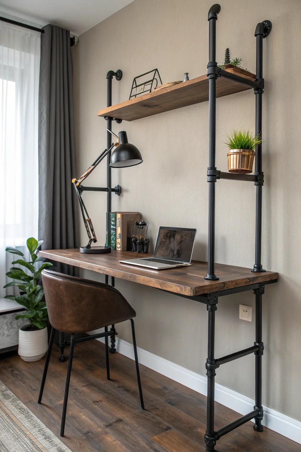 Transform your space with a stylish, space-saving wall-mounted desk using industrial black pipe brackets.