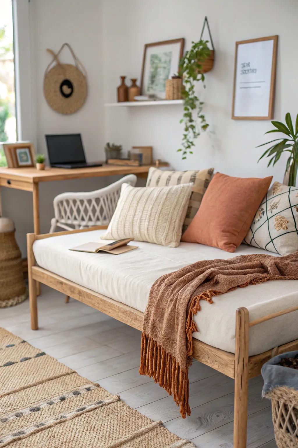 A calm boho daybed behind your desk turns a home office corner into a cozy reading nook.