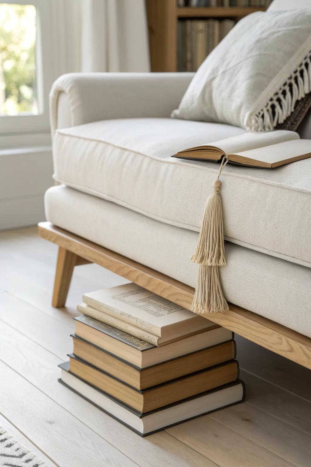 Slide a slim book stack under your sofa—hidden storage that still feels effortlessly styled.