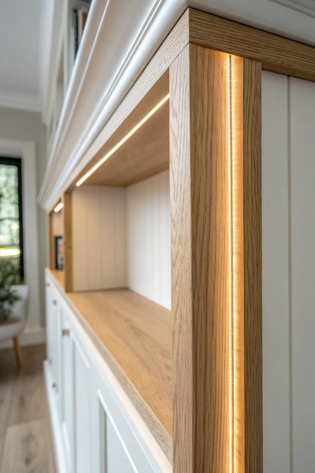 Hide bookcase lighting cords with a slim wood trim for a clean, designer finish.
