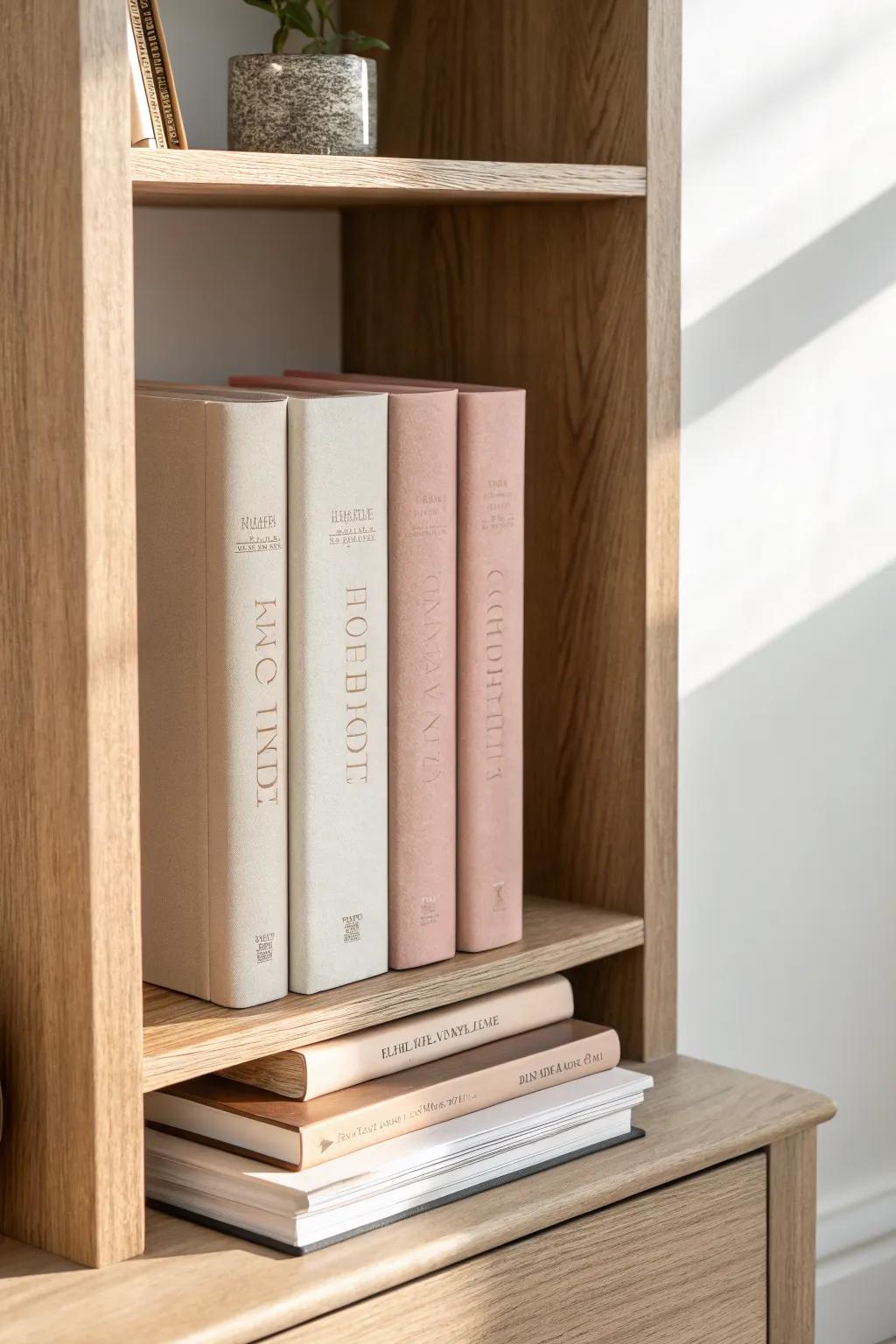 Turn a few meaningful titles cover-forward for a boutique-style shelf with instant personality.