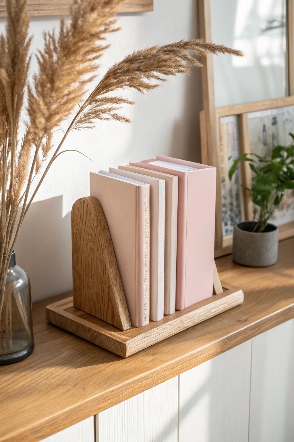 Keep slim journals from slouching—use an upright holder for a crisp, calm shelf look.